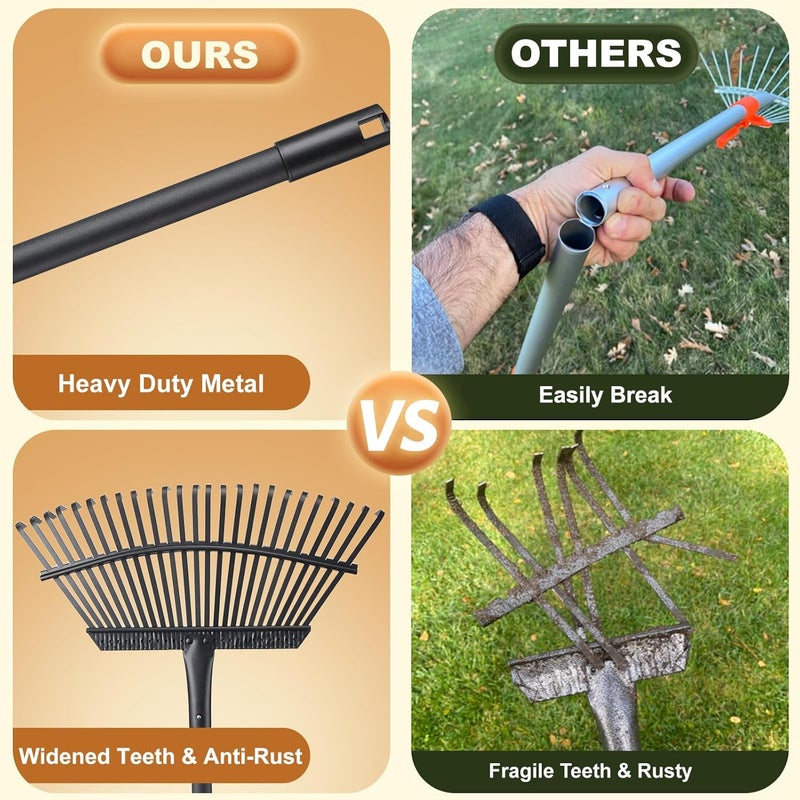 Pragmatist Rake with Leaf Scoops Garden Leaf 25 Tines Lawn Leveling Tool, Heavy Duty 64.1 Inch Adjustable Handle Metal Rake for Picking Leaves Grass Garbage, Black - Image 4